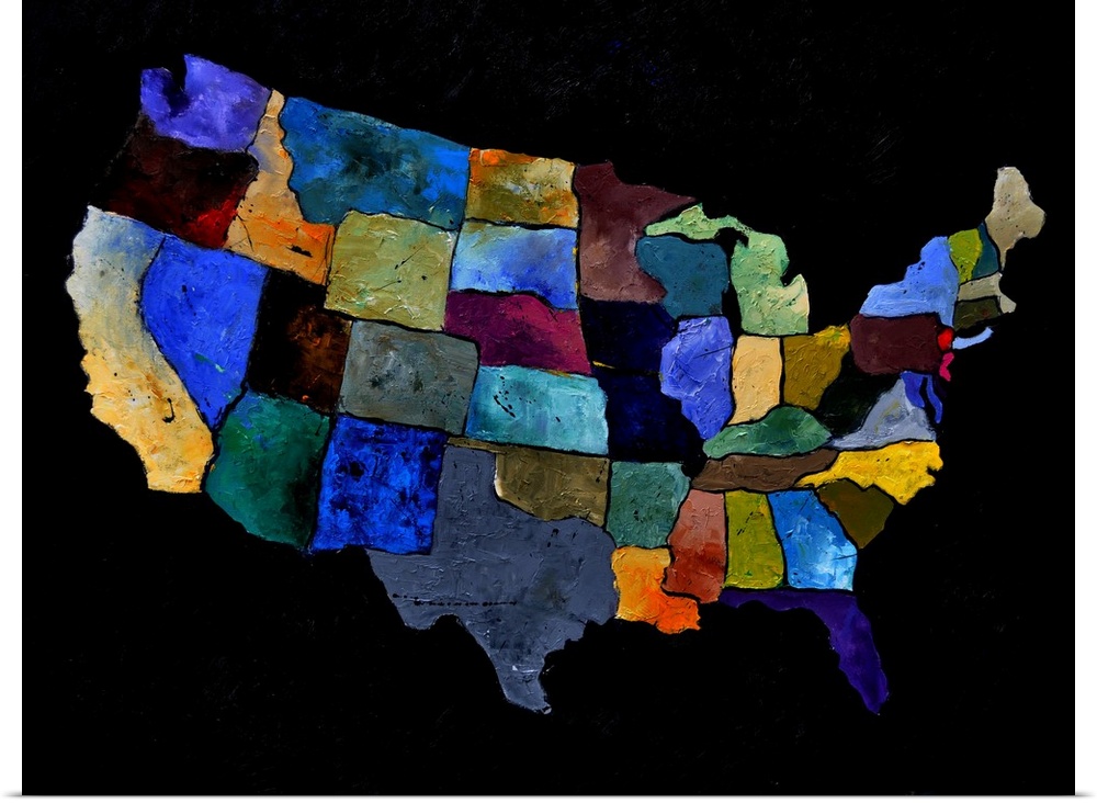 Painting of the United States of America in multi-color paints against a black background.