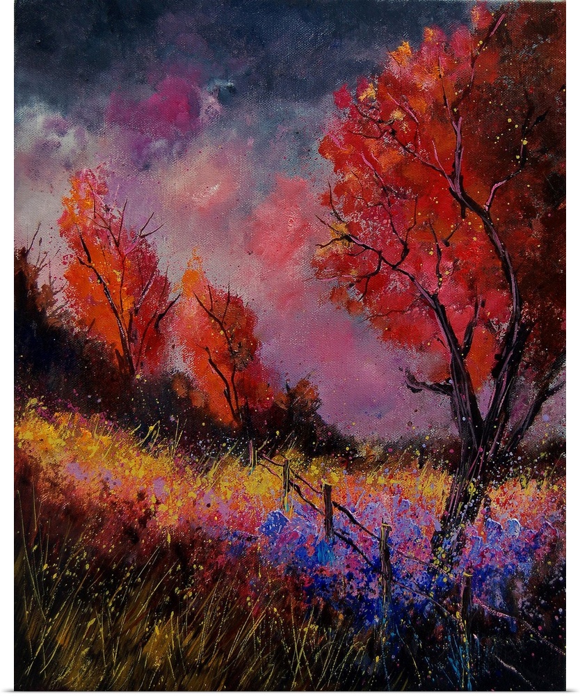 Vertical painting of a field with red leaved trees and splatters of multi-color paint overlapping the image.