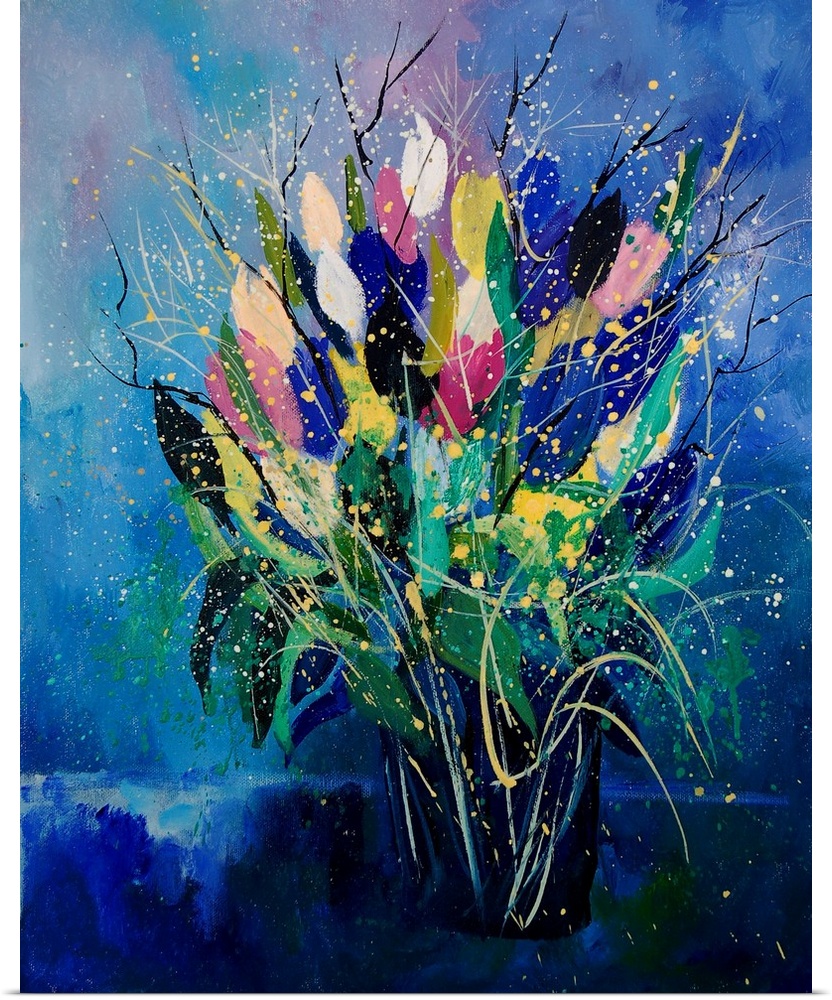 Vertical painting of a bouquet of colorful tulips in a vase against a blue backdrop.