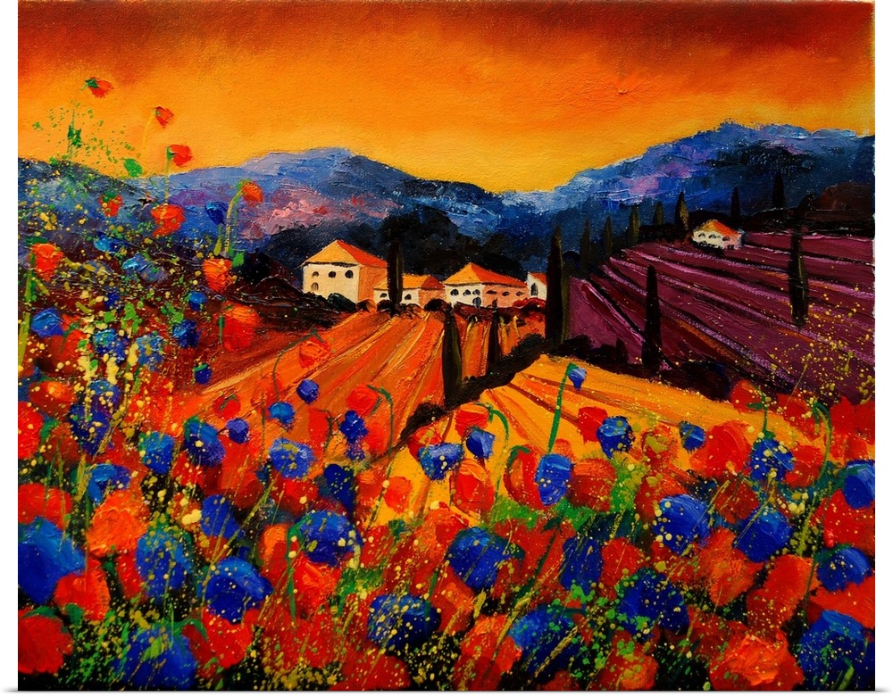 Square painting of a vibrant landscape with red and blue poppies in the foreground and a bright warm sky in the background.