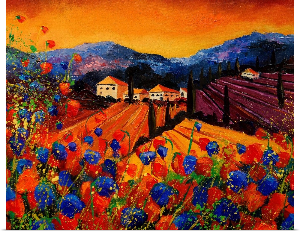 A horizontal painting of rolling fields and houses in rural Tuscany with red and blue poppies in the foreground.