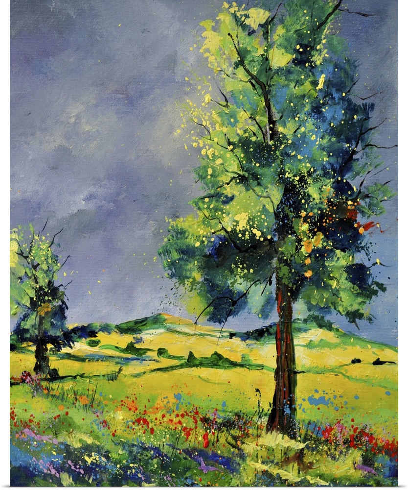 Vertical painting of lively oak trees and rolling hills.