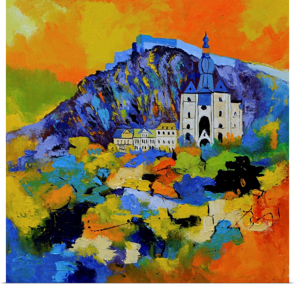 Abstract representation of the city of Dinant, Belgium with Notre Dame de Dinant and surrounding buildings laid against co...