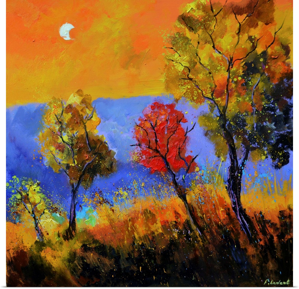 Square painting with Autumn trees with a purple and orange background and a bright moon in the sky.
