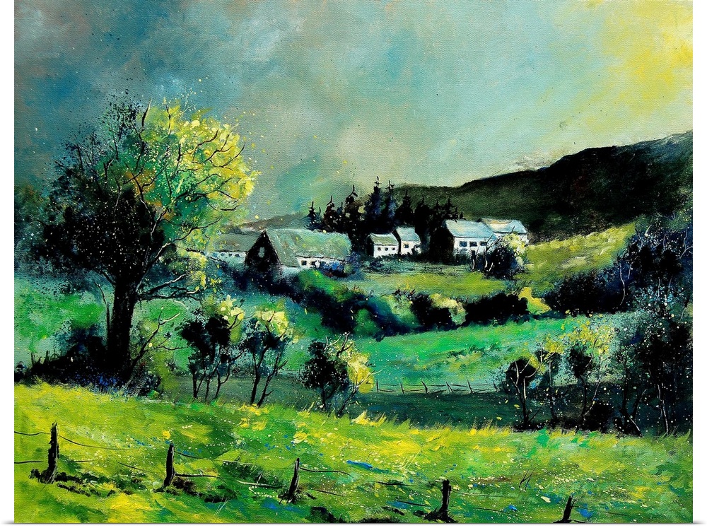 Horizontal painting of a spring landscape with rolling fields in the foreground and a Belgium village in the background.