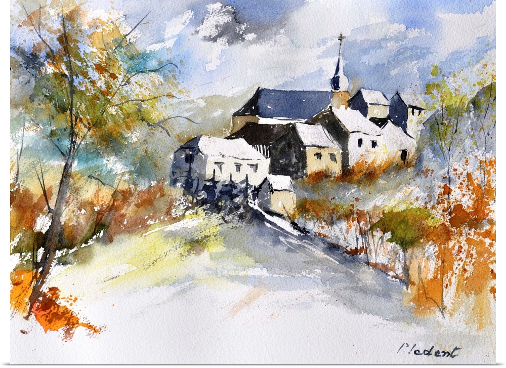 A horizontal abstract landscape of a church with watercolors of brown, green and blue.