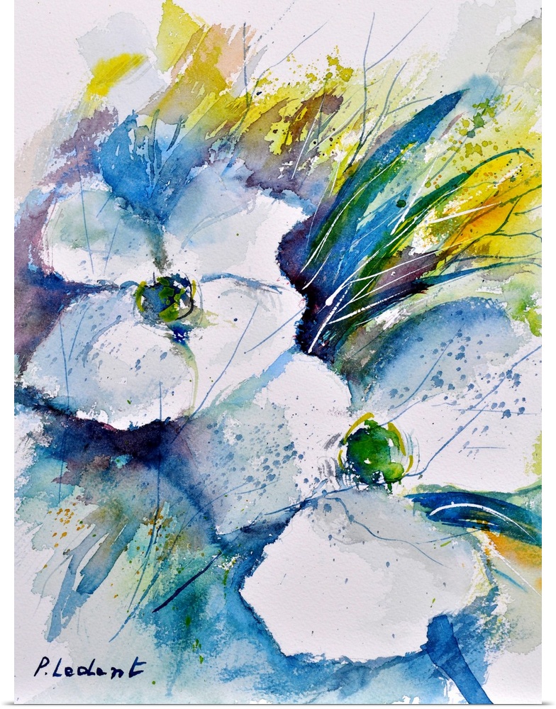 Vertical watercolor painting of white flowers and leaves done in shades of blue, green and yellow.