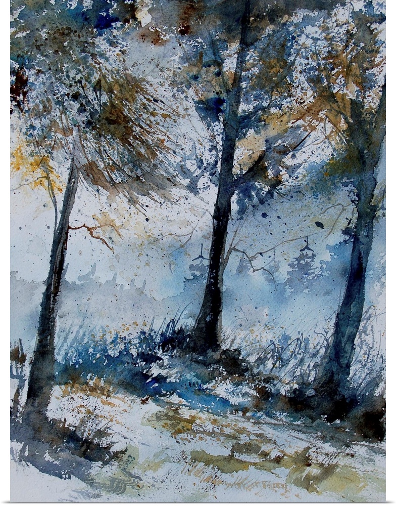 A vertical watercolor landscape of a forest with muted speckled colors of brown and blue.