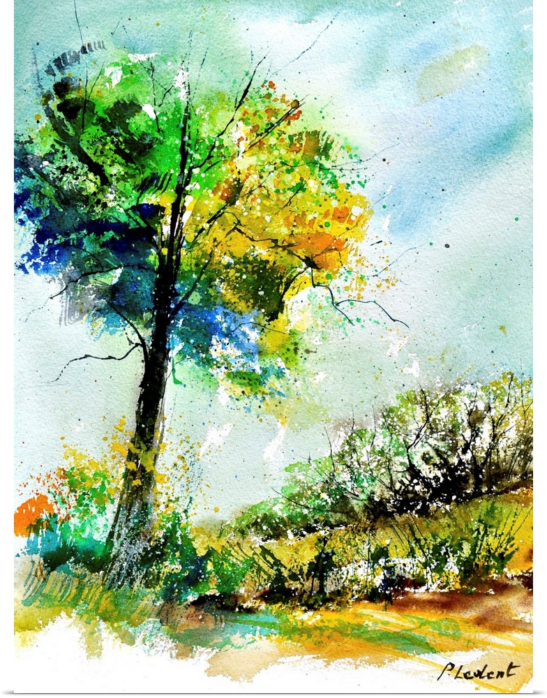 A vertical watercolor landscape of a tree with vibrant speckled colors of yellow, green and blue.