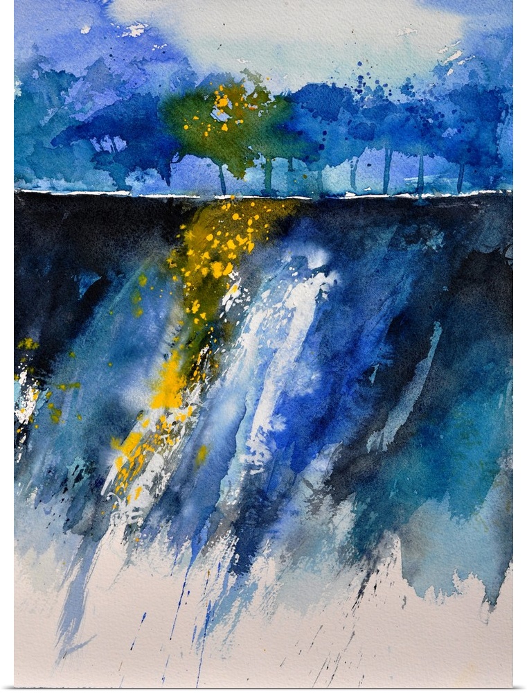 A vertical watercolor landscape in varies shades of blue with yellow accents.