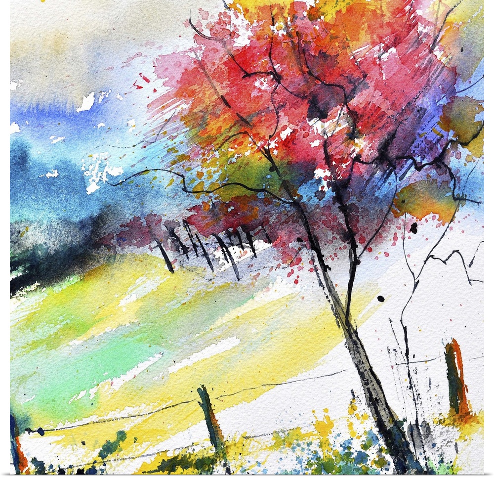 A square watercolor landscape of a tree in autumn colors.