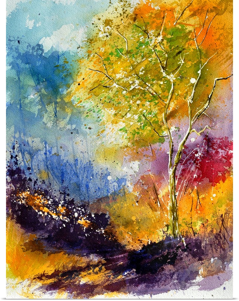 Vertical watercolor painting of vibrant colors in shades of blue, orange and purple.