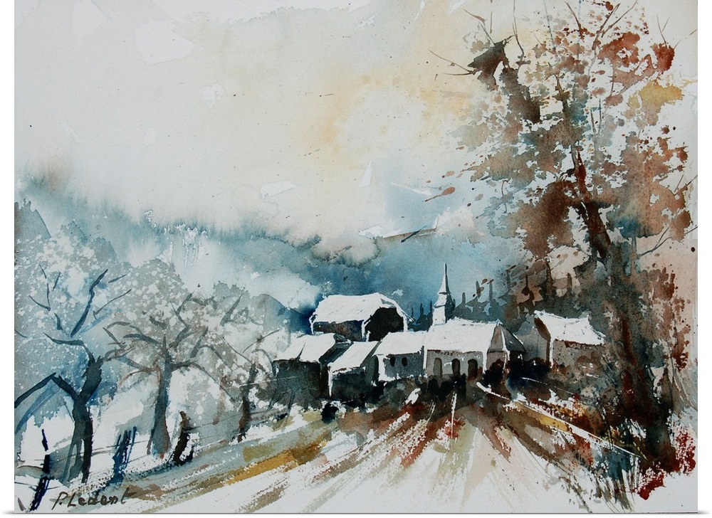 Watercolor painting of a tree lined road that leads into a small village done in muted colors of brown and blue.