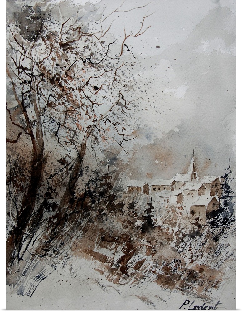 A muted watercolor painting of a village covered in snow.
