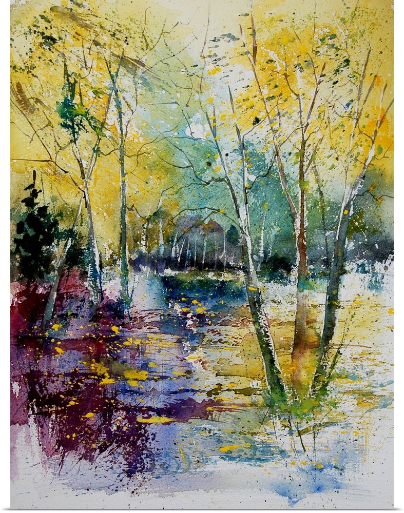 Watercolor painting of a pond in a forest done in vibrant colors of yellow, green and blue.