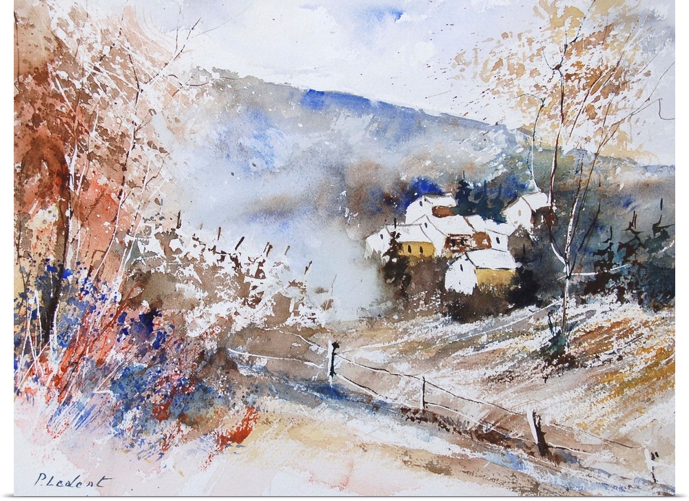 A horizontal watercolor landscape of a farm with muted speckled colors of brown, orange and blue.