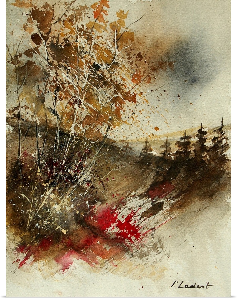 A vertical watercolor painting of a line of trees in the countryside in natural colors of brown, gray and red.