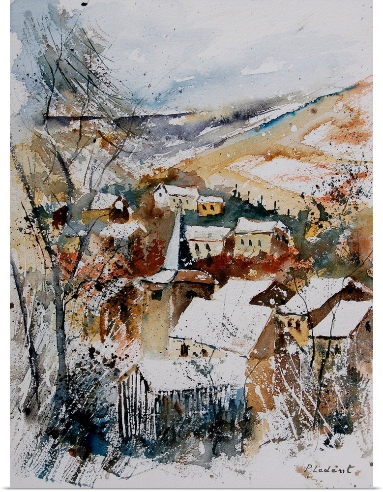 A vertical watercolor painting of a village in Belguim, done in natural colors of gray, brown and blue.