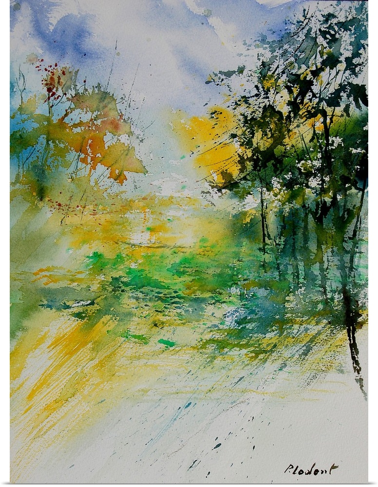 A vertical watercolor landscape in bright colors of yellow, green and blue.