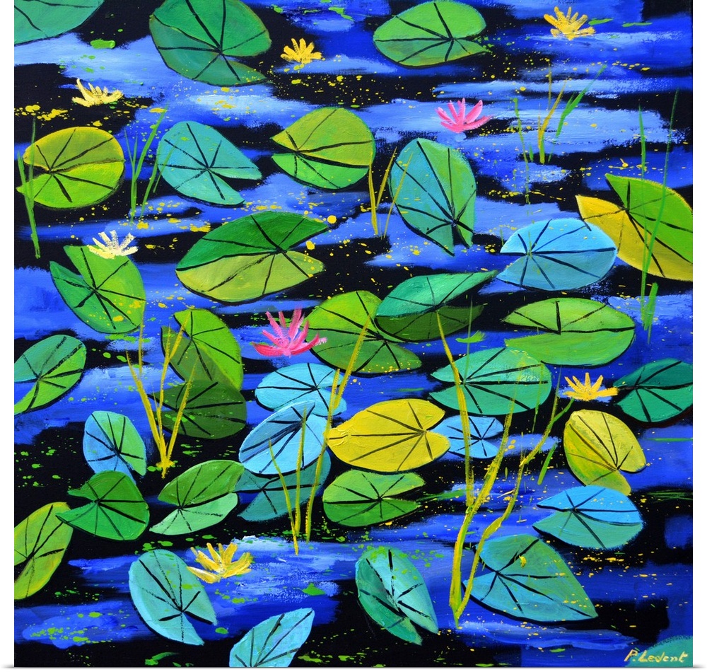 Square painting with lily pads in shades of green and blue floating on the water with pink and yellow waterlilies by their...