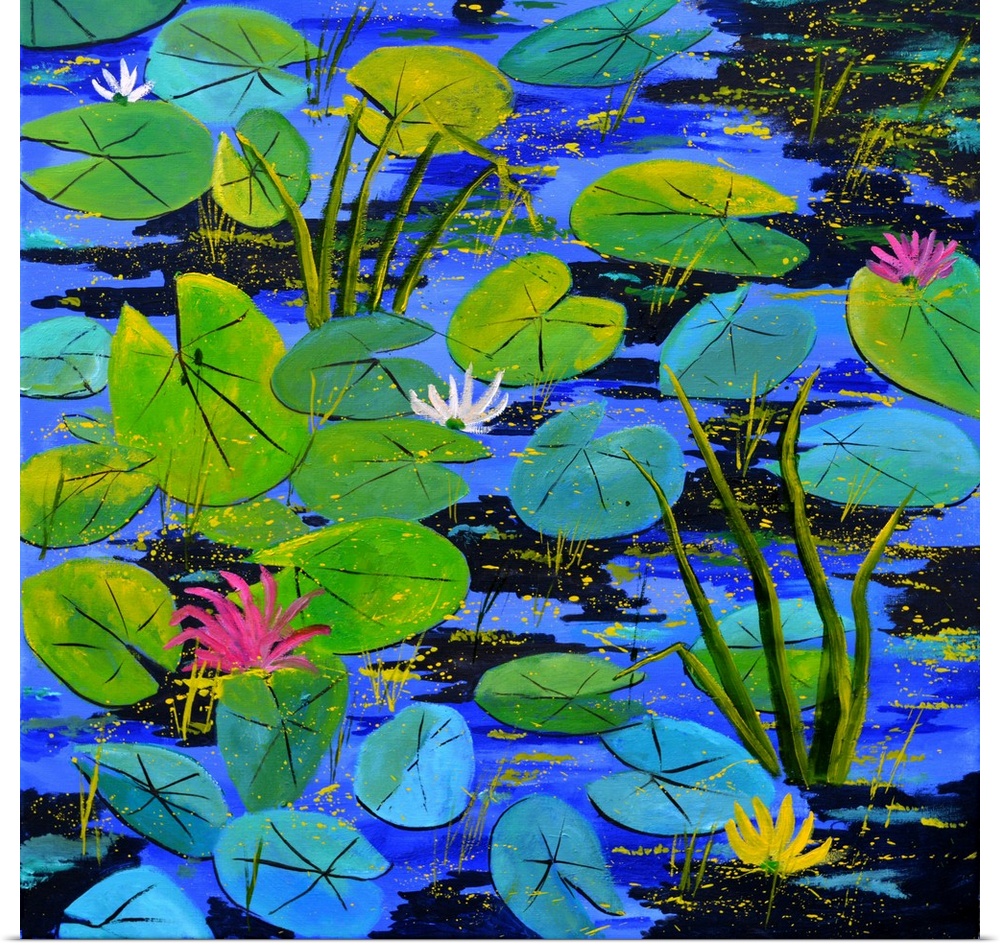 Square painting of blue and green water lilies with flower blooms and small speckles of paint overlapping.