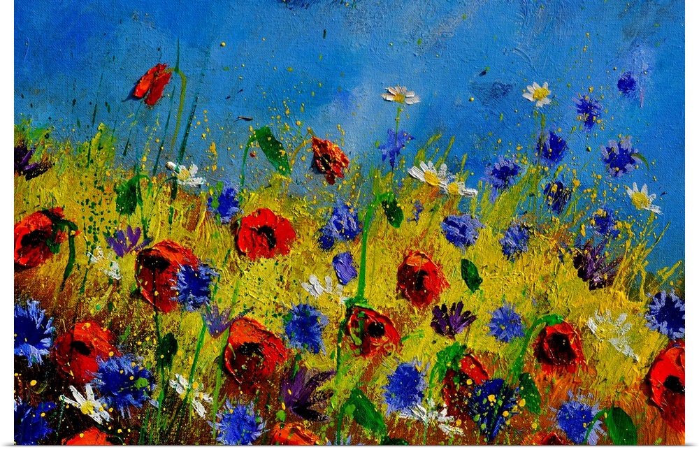 Horizontal painting of colorful flowers in a field and a bright blue sky with small speckles of paint overlapping.