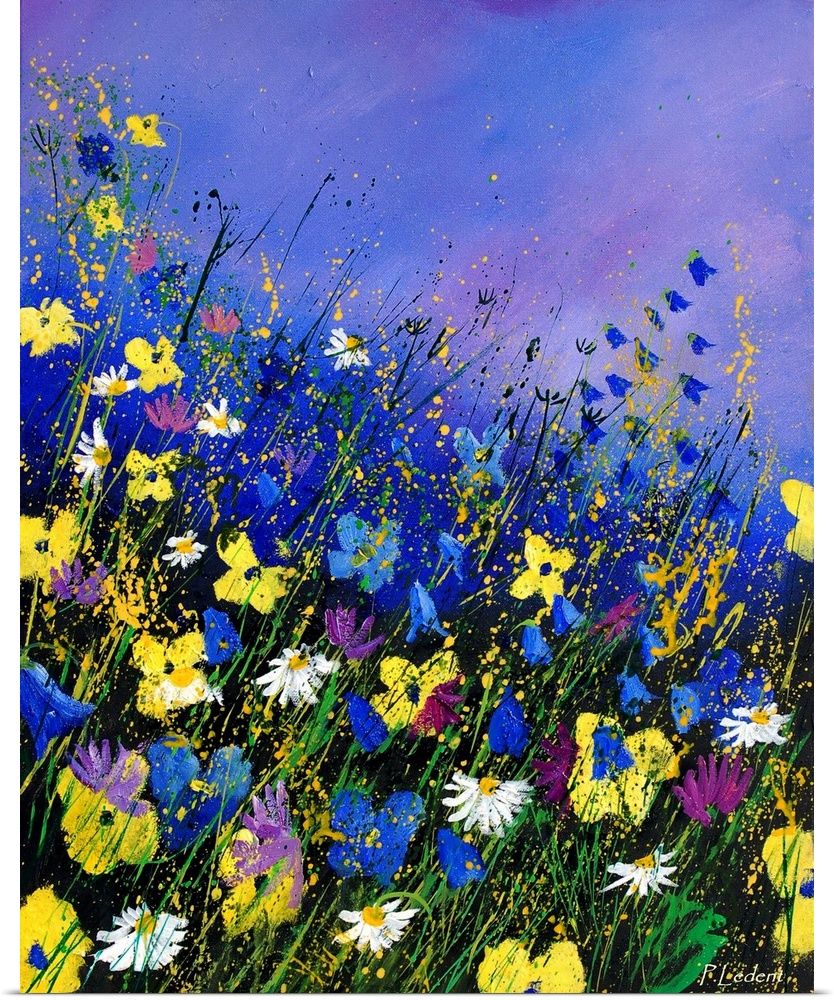 Vertical painting of a field of wild flowers  with splatters of multi-color paint overlapping the image.