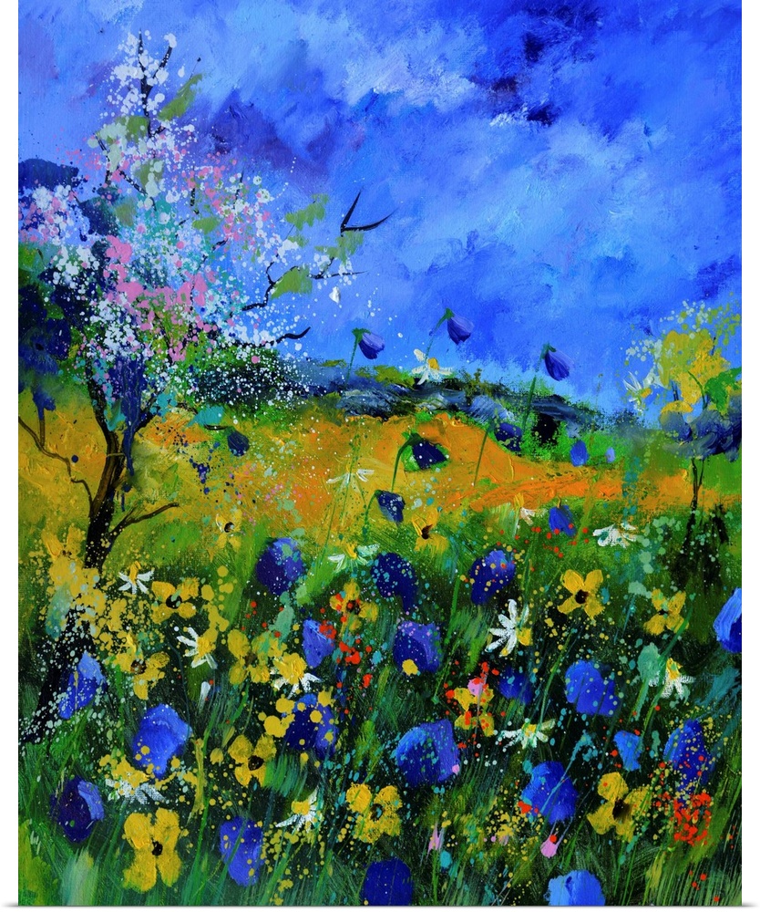 Vertical painting of a field of wild flowers with splatters of multi-color paint overlapping the image.