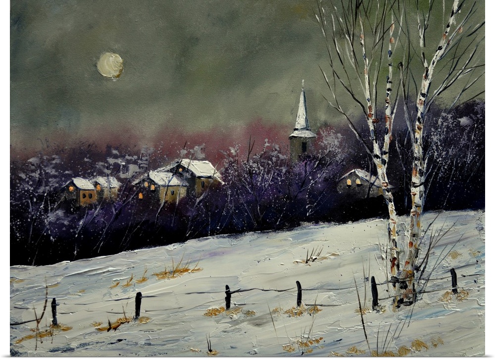 A wintry nighttime scene of a field covered in snow with a village in the background.
