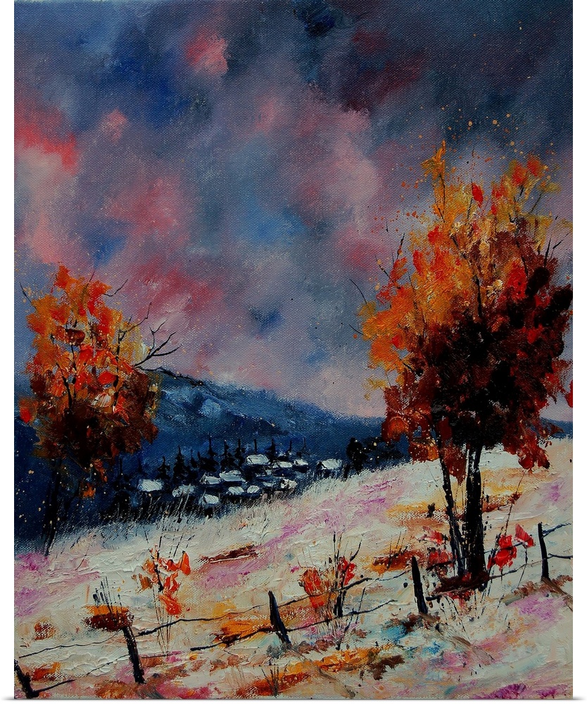 Painting of a fenced snow cover field and vibrant red leaved trees with a pink and blue sky.