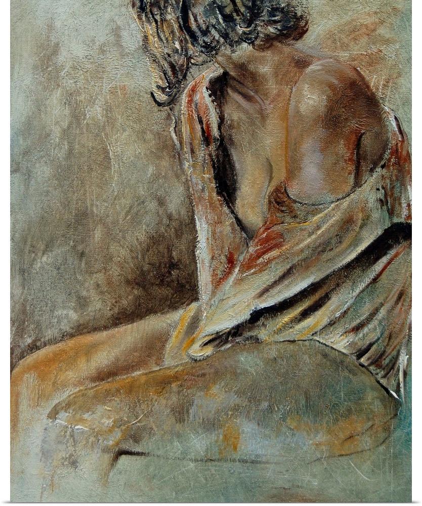 A nude portrait of a woman sitting, wrapped in a white garment, painted in textured neutral colors.