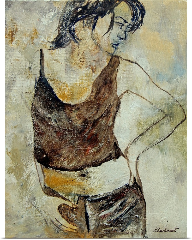 A portrait of a woman standing with her hand on her hip, painted in textured neutral colors with orange accents.