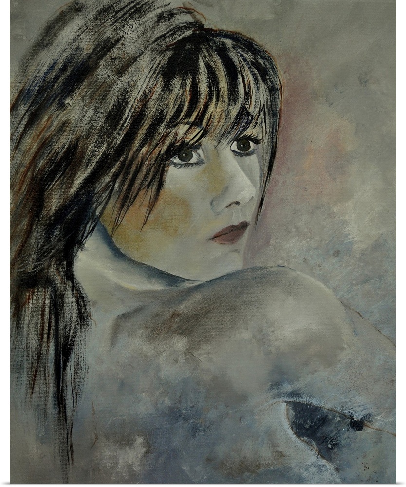 A protrait of a woman looking over her shoulder, done in textured neutral tones.