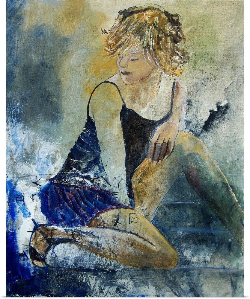 A portrait of a woman in a dress, sitting with one hand between her legs, painted in textured colors of blue and brown.