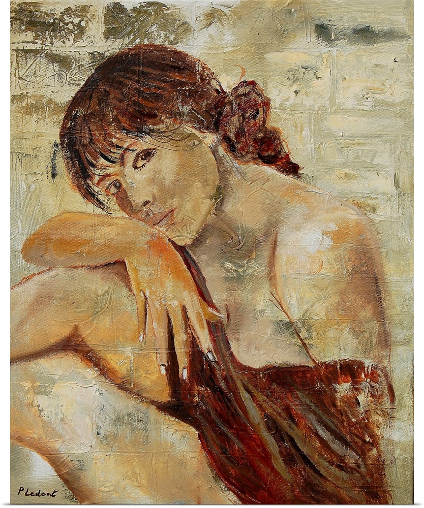 A nude portrait of a woman sitting, painted in textured neutral colors.