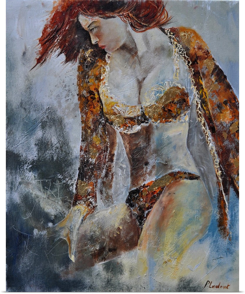 A portrait of a woman wearing lingerie, looking over her shoulder, done in textured neutral tones.