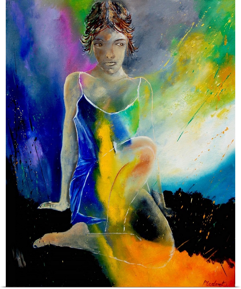A painting of a woman sitting in textured vibrant colors of orange, green, blue and yellow.
