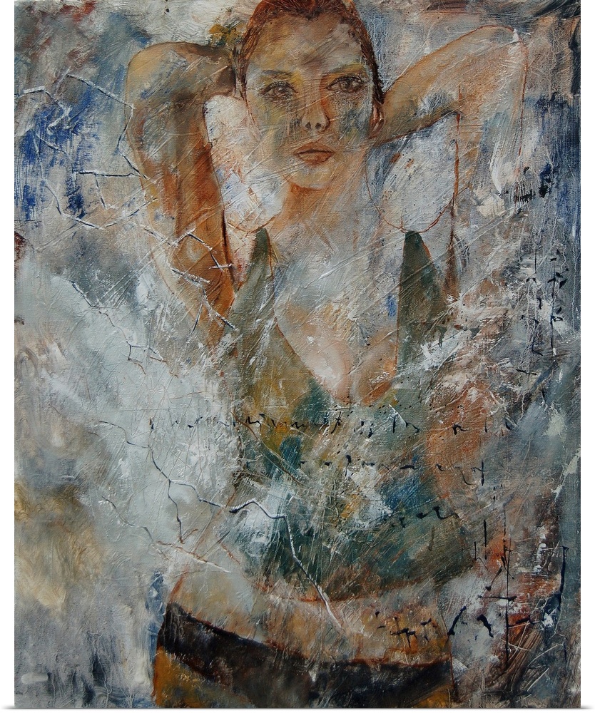 A portrait of a woman painted in textured neutral colors.