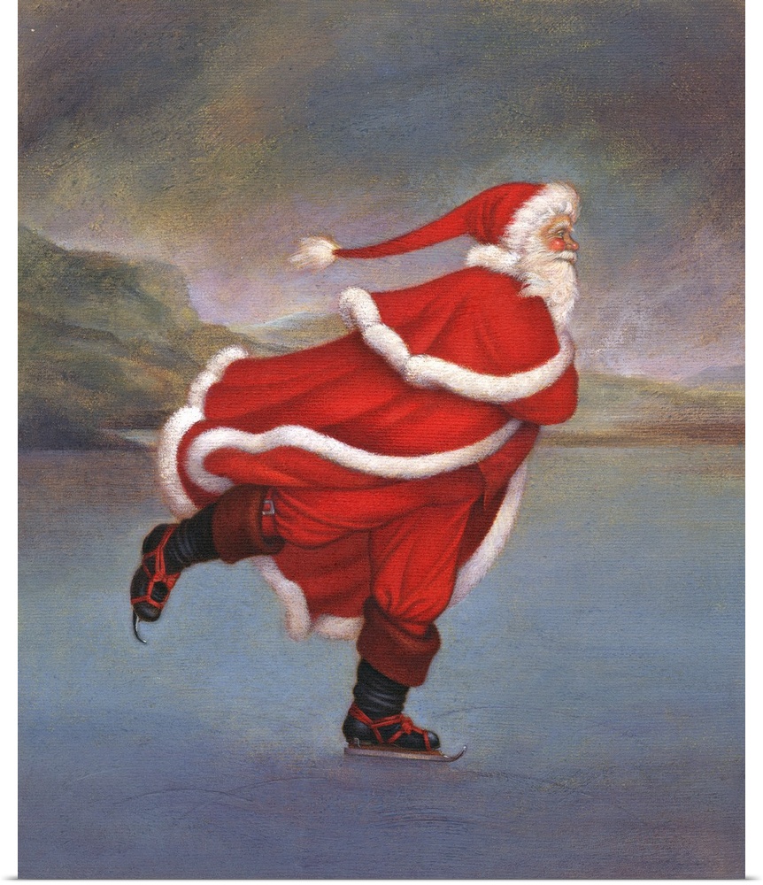 Contemporary painting of Santa Claus ice skating on a frozen lake.