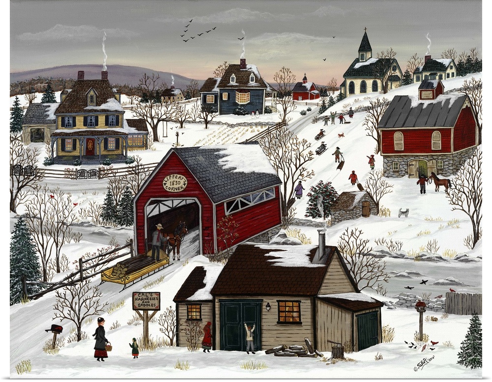 A rural town with barns and a covered bridge in the winter.