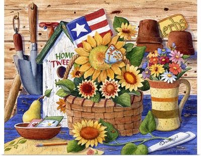 Sunflowers and Flag