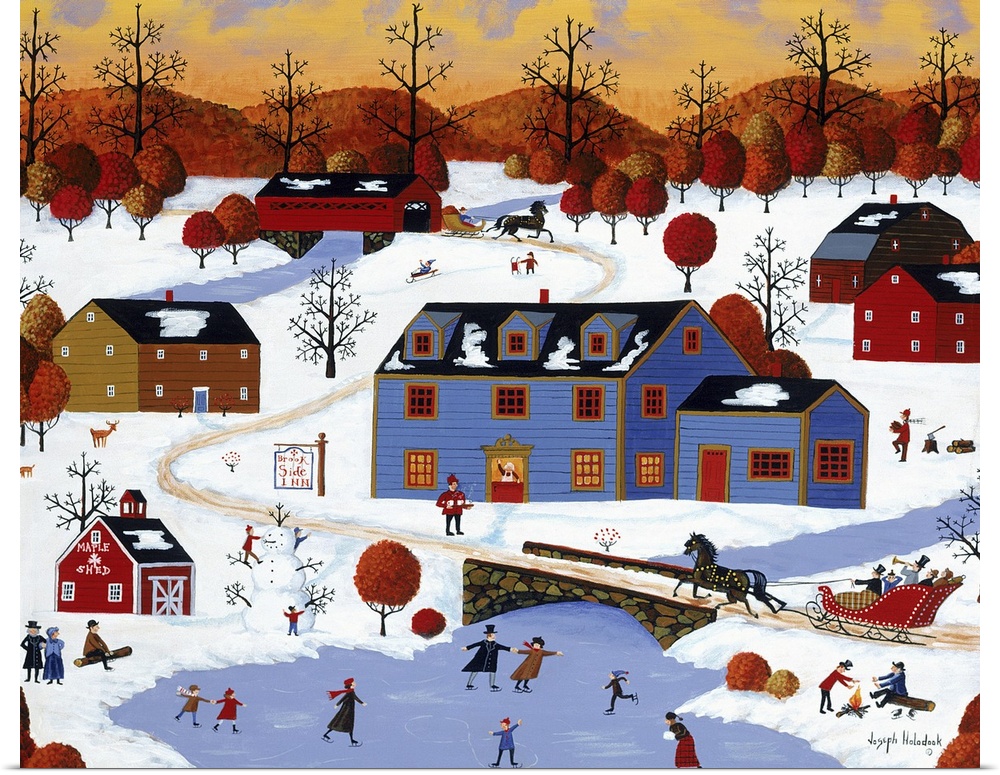 A winter scene in a rural town with children ice skating near a large inn.