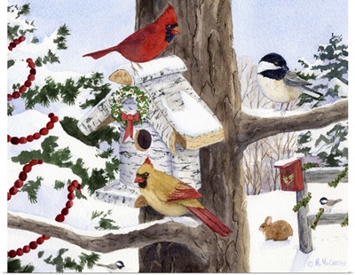 Winter Birdhouse and Cardinals