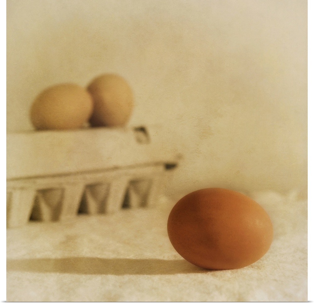 Three eggs, one in the foreground, taken with a shallow depth of field