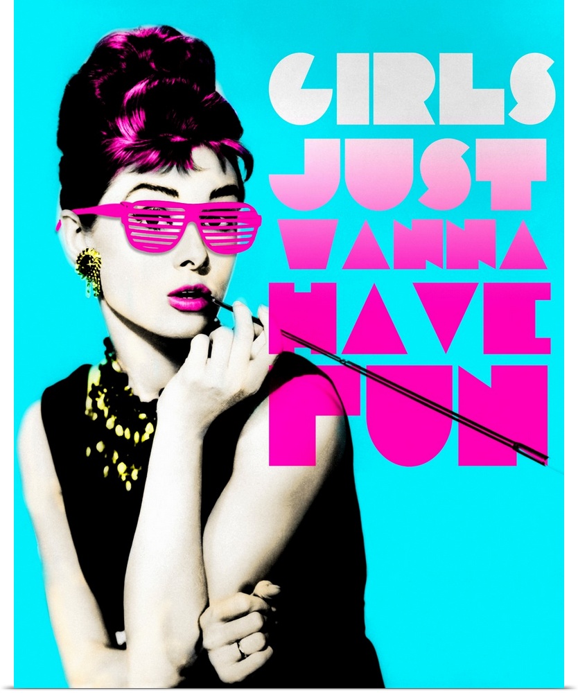 Wall art of Audrey Hepburn wearing sunglasses with the text, ""Girl's just wanna have fun"".