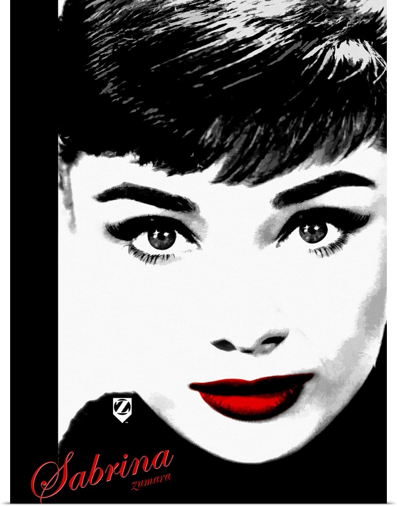 Portrait, large wall hanging of the face of Audrey Hepburn, the only part of the image in color is her red lips and text "...