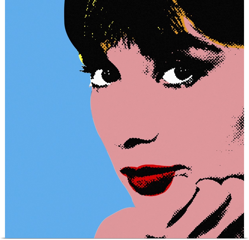 Retro artwork of Audrey Hepburn where only her face and hand holding it up are shown.