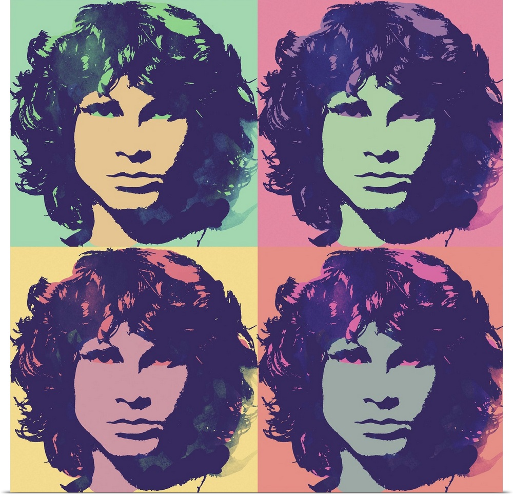 Pop art style illustration of Jim Morrison in 4 blocks and pale hues.