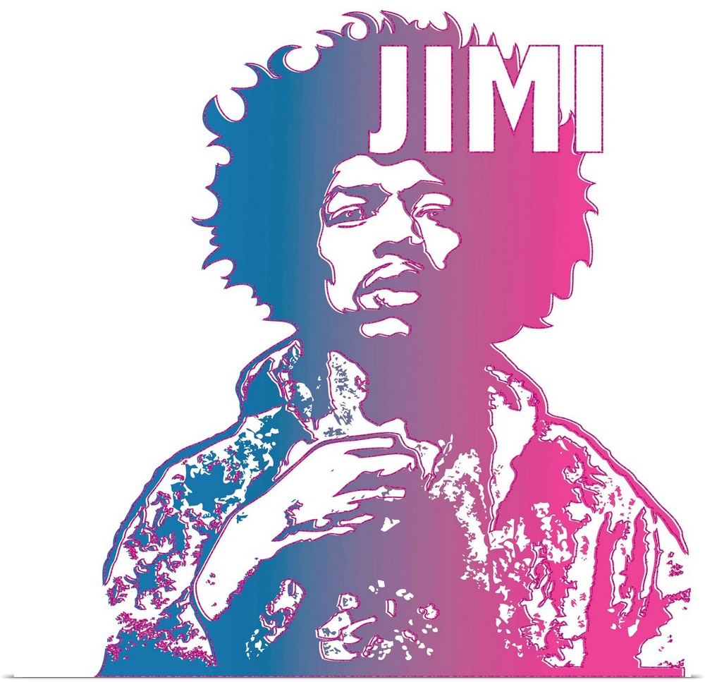Blue and pink illustration of Jimi Hendrix with bright pink outlines and 'Jimi' written at the top.