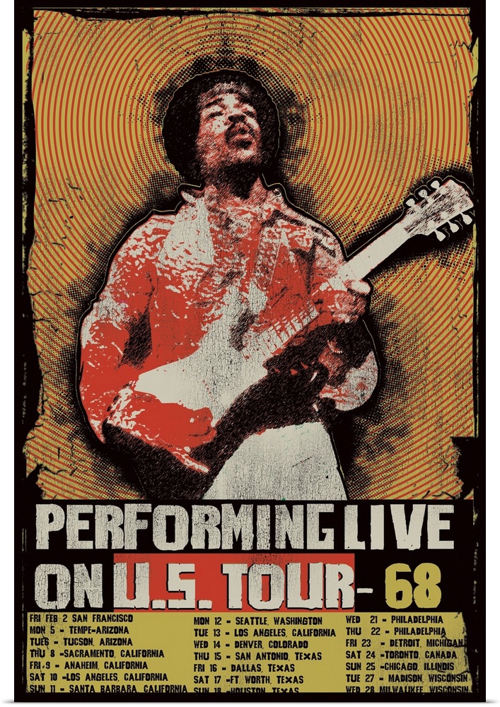 Jimi Hendrix Live Tour Poster for the United States in 1968 with all of the cities and dates listed at the bottom.
